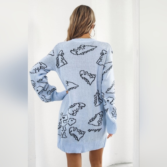 Dinosaur Knit Sweater Dress Round Neck Playful Long Sleeve Oversized Mini Blue - Picture 7 of 8